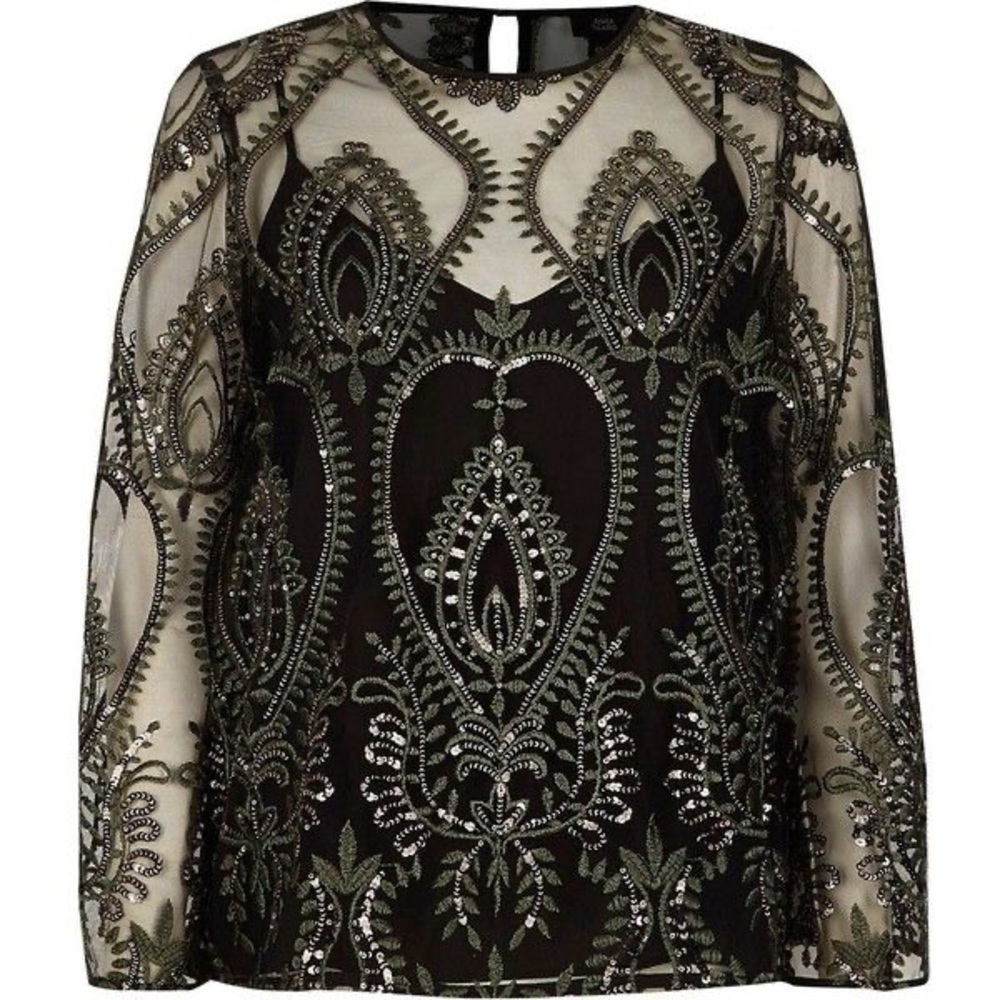 River Island Lace/Sequence/Mesh Top With Black Ca… - image 3